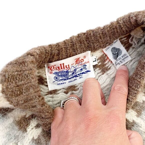 Vintage 80s Tally Ho Tan Cream Classic Fair Isle Shetland 100% Pure Wool Sweater - Picture 3 of 13